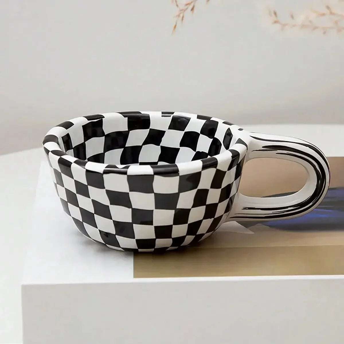 1pc Creative ceramic checkered pattern tea cup, irregular chessboard coffee cup