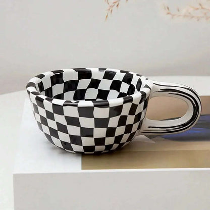 1pc Creative ceramic checkered pattern tea cup, irregular chessboard coffee cup