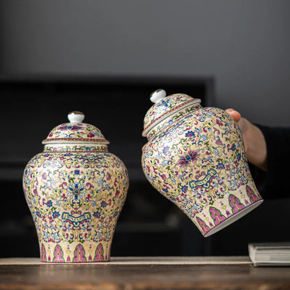 European Style Colored Ceramic Tea Caddy Large Sealed Candy Jar Tabletop Flower Vase Household Coffee Beans and Nuts Storage Box