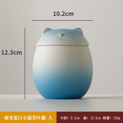 Fortune Cat Tea Canister Handmade Ceramic Gradient Color Tea Canister Sealing Jar Home Moisture Small Tea Warehouse