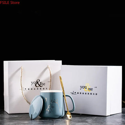 400ml New Product European Style Light Luxury Gold-painted Ceramic Coffee Mug with Lid Spoon Water Cup Cartoon Mug