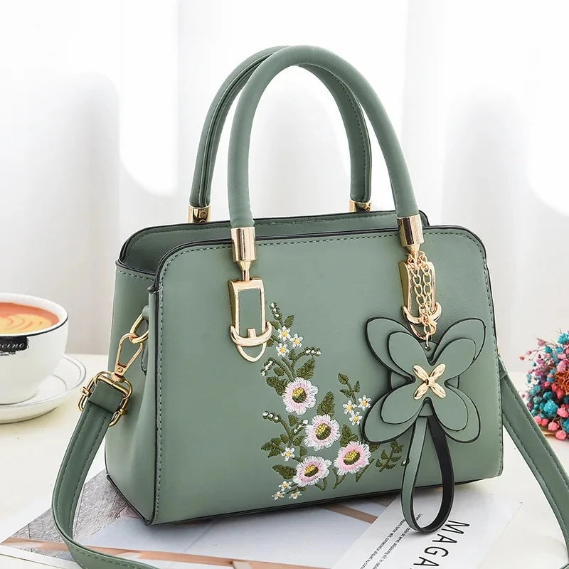 Luxury Embroidered Handle Bags For Women PU Leather Shoulder Crossbody Bag High Quality Messenger Handbag Middle-aged Mommy Bag