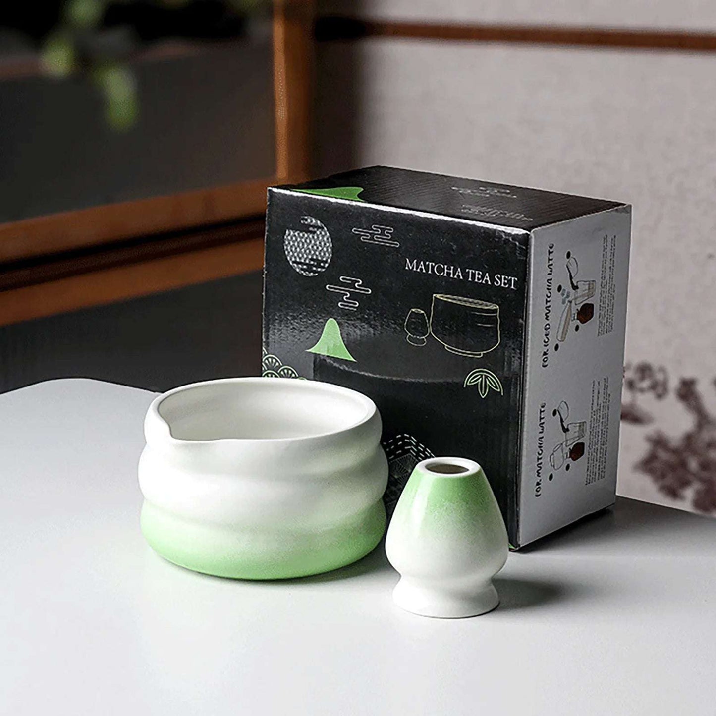2 Pieces Traditional Japanese Matcha Bowl and Whisk Holder Tea Bowl with Pouring Spout for Office Table Tea Ceremony Party Gift