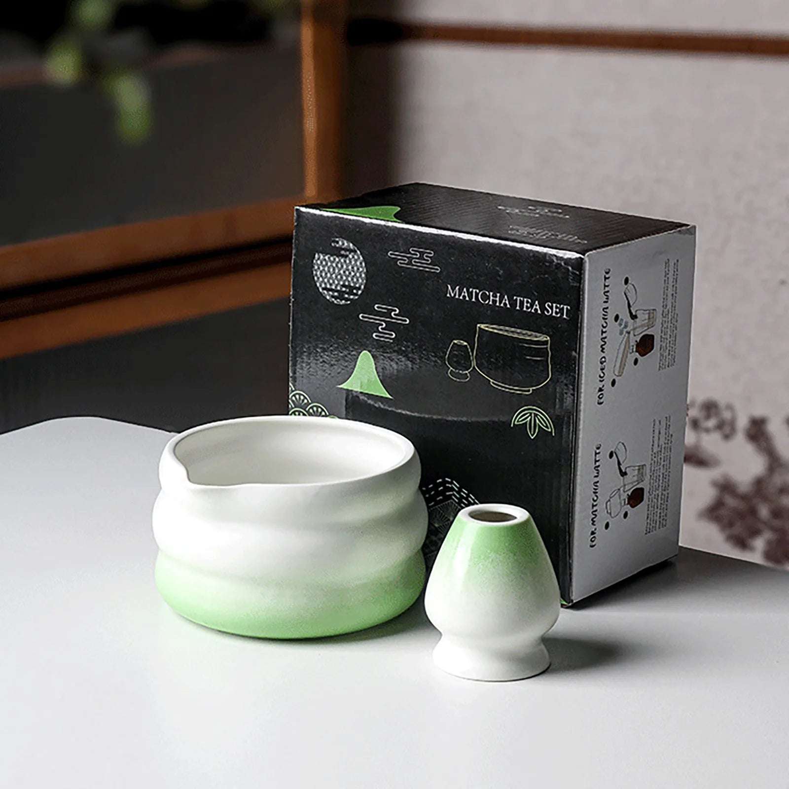 2 Pieces Traditional Japanese Matcha Bowl and Whisk Holder Tea Bowl with Pouring Spout for Office Table Tea Ceremony Party Gift