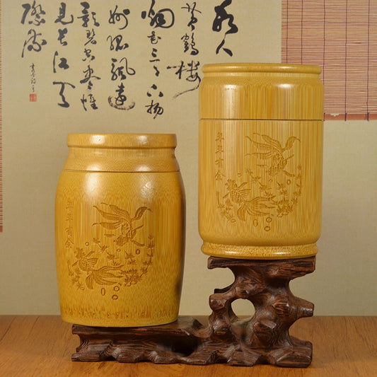 Handmade Bamboo Tea Storage Box Chinese Carved Tea Canister Lid Seal Kitchen Storage Jars Accessories Spice Box Organizer