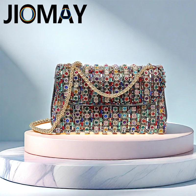 Jiomay Bolsas de designer de luxo Brand Fashion Bolsres for Women Elegant e Versátil Rhinestone Bag Party Evening Clutch Saco