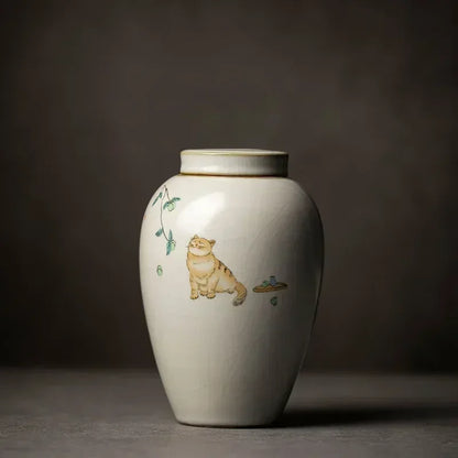 Retro Ru Kiln Ceramics Tea Caddy Cute Cat Pattern Portable Sealed Tea Leaf Containers Travel Tea Bag Storage Box Spice Organizer