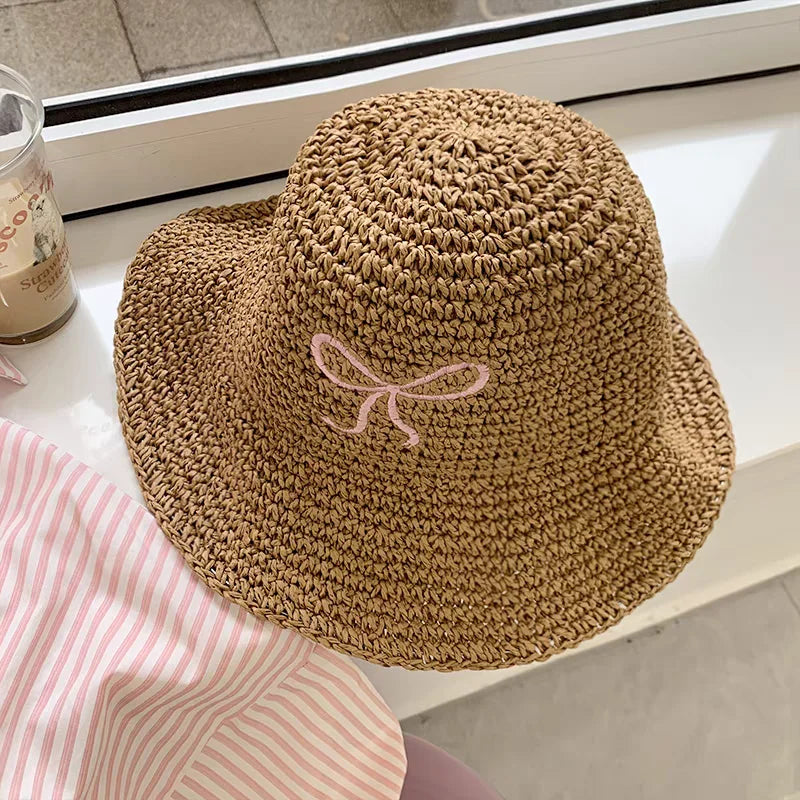 Női íj Kont szalma kalap japán y2k divat UV fényvédő tengerparti kalap szövés vödör kalap női nap sapka tengerparti kiegészítők
