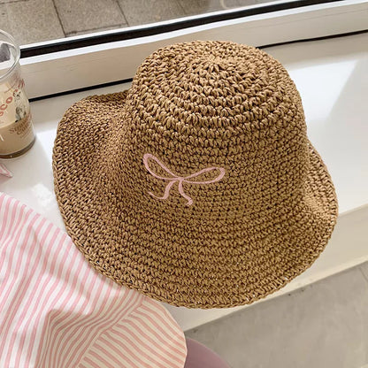 Women’s Bow Kont Straw Hat Japanese Y2k Fashions UV Sunscreen Beach Hat Weave Bucket Hat Female Sun Cap Beach Accessories