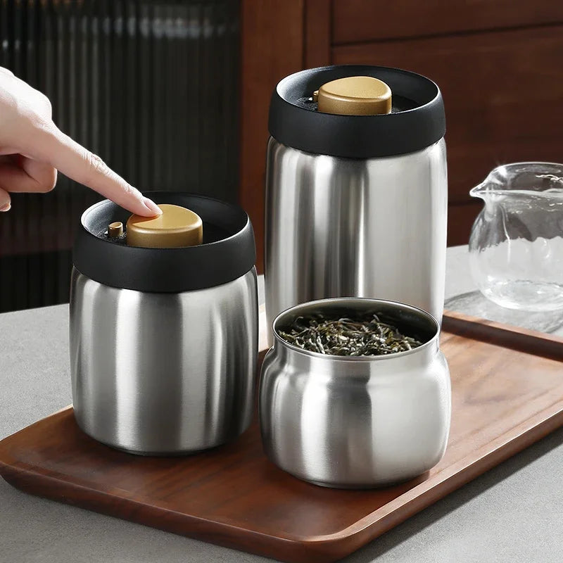 Stainless steel tea sealed jar Moisture-proof household tea storage jar press vacuum high-grade coffee bean sealed jar