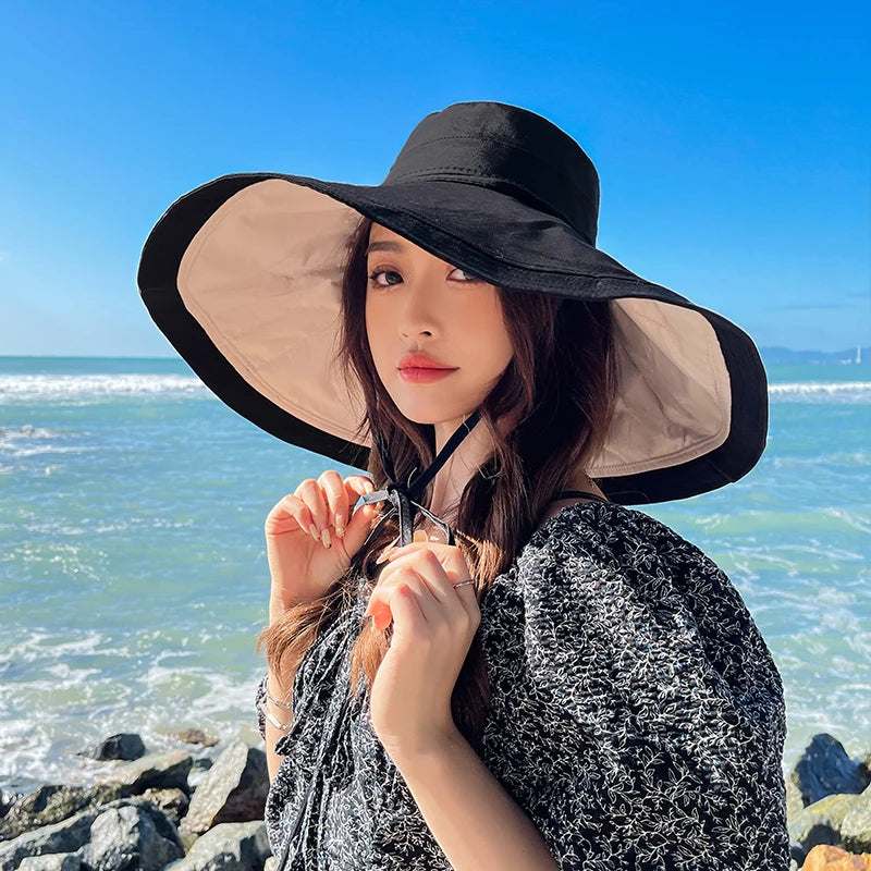 Ženy Veľké okrajové plážové slnečné čiapky Summer dvojité bočné opaľovacie klobúky Rybárske čiapky pre dámske klobúky s slnkom pre ženy