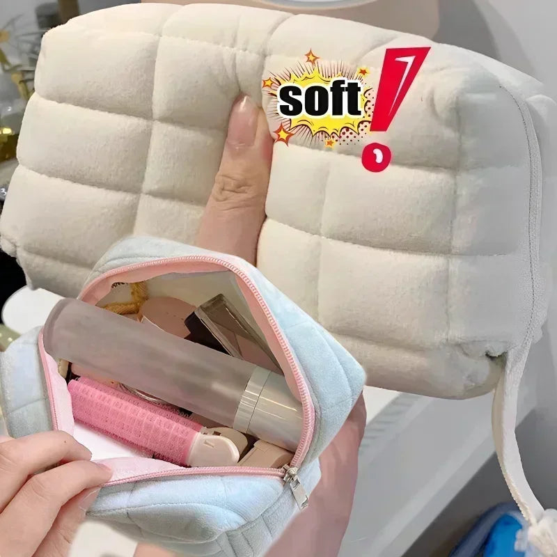 Linda cuadrícula cuadrada bolso de maquillaje de piel suave para mujeres portátiles de viaje cosmético lindo mini cremallera bolsa de tocador de lavado de la bolsa de lavado