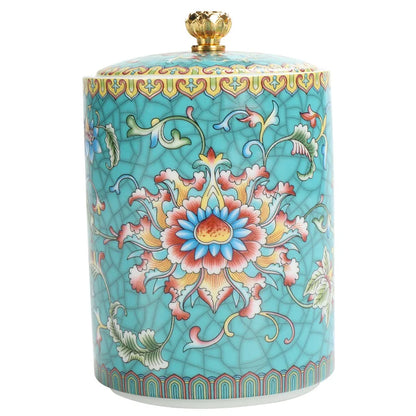 European Style Colored Flower Crown Ceramic Jar with Lid Cylindrical Sealed Tea Pot Porcelain Storage Jar Candle Bottle Decor