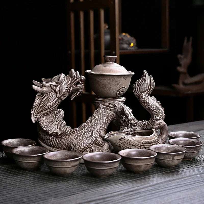 1 set, creative lazy tea set, semi-automatic dragon teapot, magnetic rotating water-conducting tea set, Chinese Kung Fu tea set