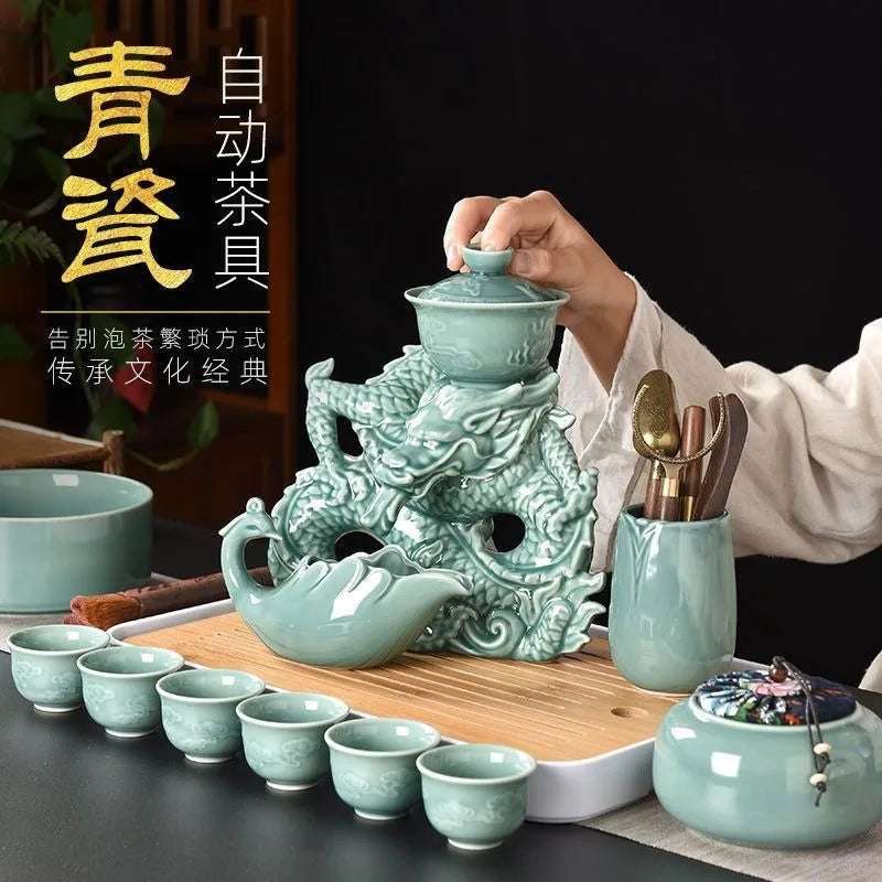 Lazy Tea Set Home Office Retro Dragon Semi Automatic Tea Pot Anti scalding Rotating Brewing Tea Set