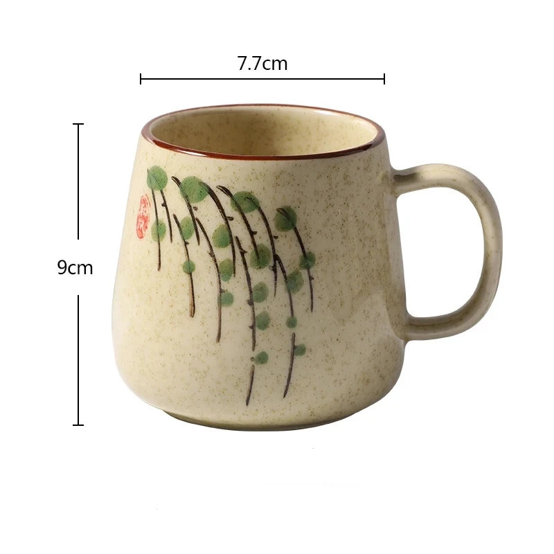 380ml Japanese Retro Style Coffee Mug With Handle Ceramic Breakfast Oats Milk Cups Home Teacup Water Mug With Lid And Spoon Gift