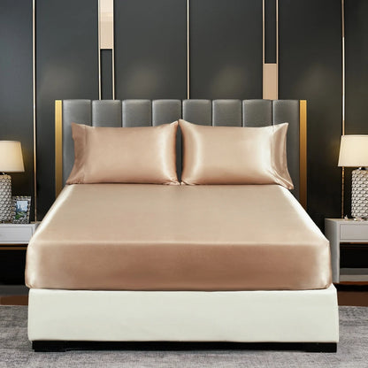 Lençol de cama de seda com banda elástica de luxo anti-deslizamento tampa de colchão ajustável para uma cama de casal de casal de um único