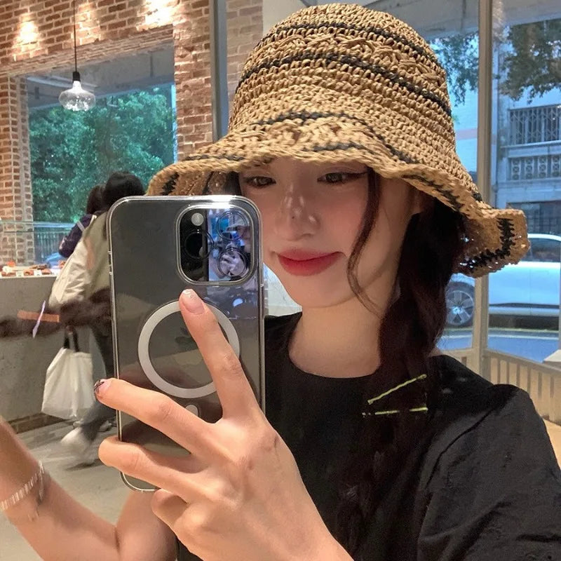 Korean Simple Straw Weaving Big Eaves Sunshade Sun Hat Seaside Vacation Fashion Versatile Lace Hollow Straw Cap for Women‘s