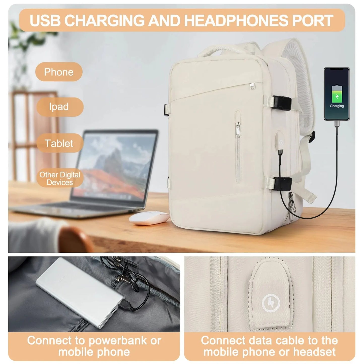 Likros utazási hátizsák a nők számára kibővíthető Weekender túrázási laptop hátizsák USB Port nagy vízálló 40L férfi hátizsákkal