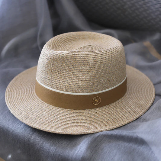 Dizajnér New Natural Panama Slaw Straw Hat Summer Ženy/muži Široký brim pláž Sun Cap UV ochrana Fedora Birthday Darček