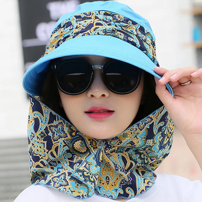 Fashion Women Summer Outdoor Riding Anti-Uv Sun Hat Plage Place pliable Suncreen Floral Print Caps Neck Face largeur