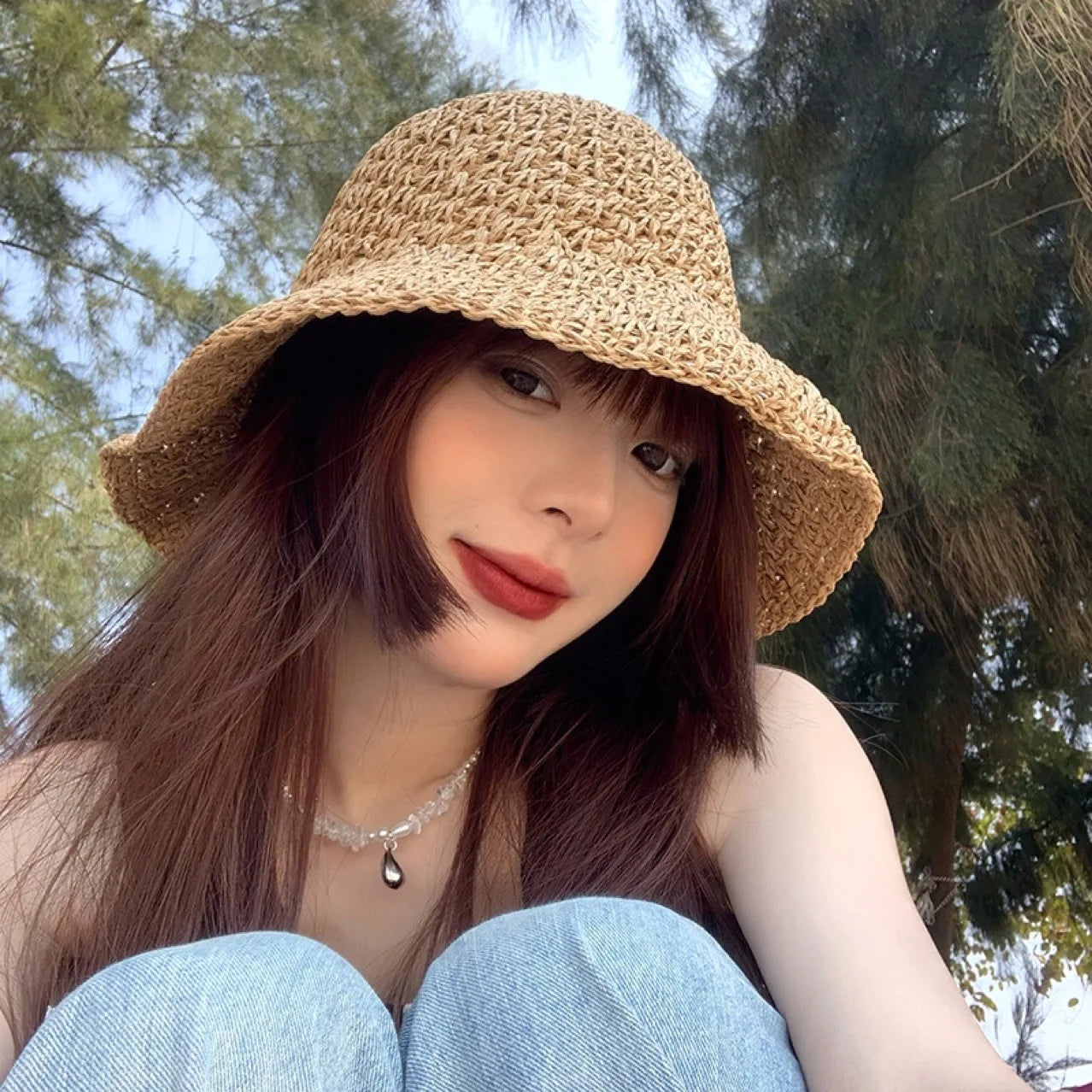 Kvinners stråhatt koreansk versjon av tidevannsmerket alt japansk sommer tynn stil solhatt blonder bue uthulet ut hatt