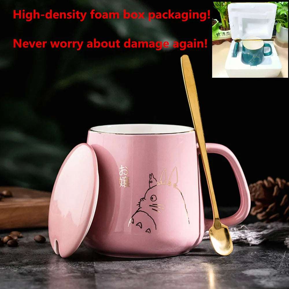 400ml New Product European Style Light Luxury Gold-painted Ceramic Coffee Mug with Lid Spoon Water Cup Cartoon Mug
