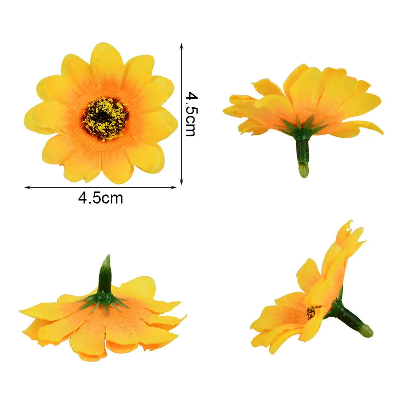 50/100 stk 4,5 cm Mini Artificial Flower Silk Sunflower Head Diy Wreath Scrapbooking Gjafakassi gulur gervi Daisy höfuð