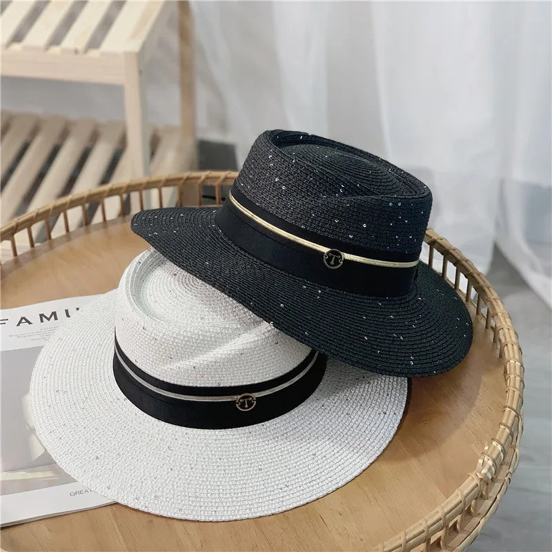 Capas de playa Sombreros para mujeres Men Protección UV Fashion Fashions de las mujeres Sombrero de paja Panamá Borre Borre Avinecible Sombricientos Sol Descoración de lentejuelas