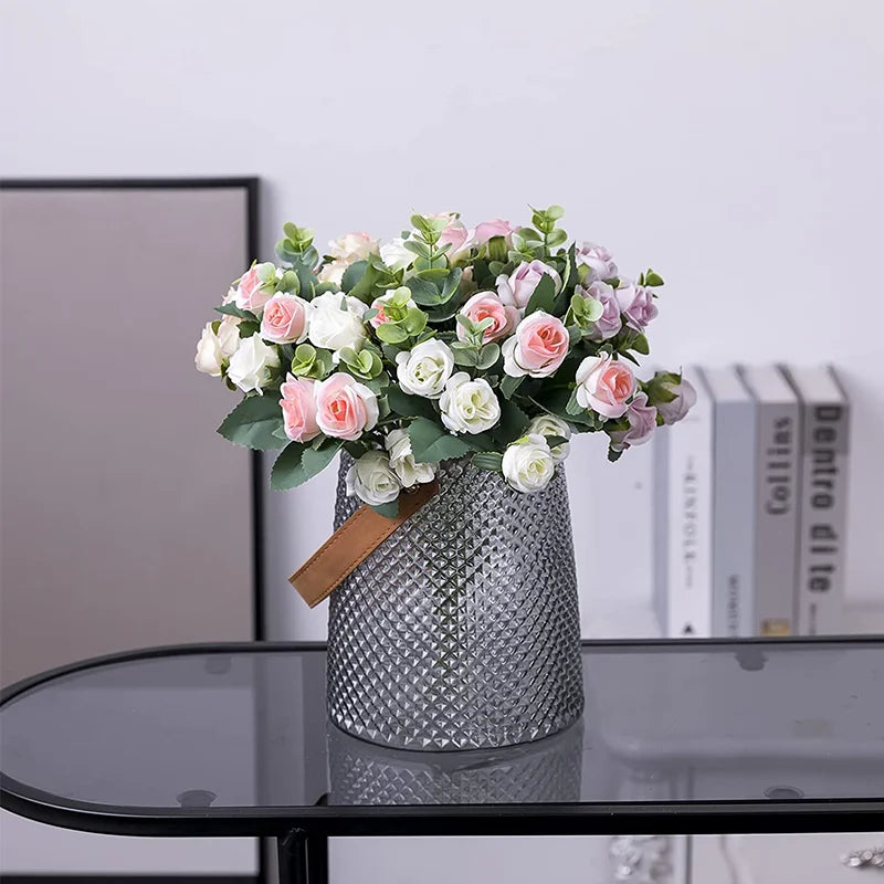 10 koka lule artificiale mëndafshi trëndafili eukalipt i bardhë lë lulen e rreme të boquet për tavolinë martese vazo
