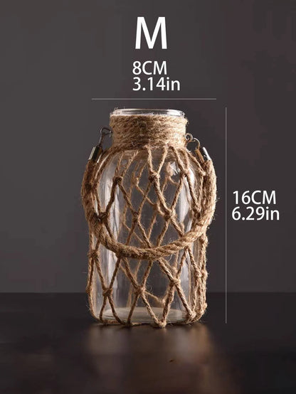 Hand Woven Hemp Rope Glass Vase Dry Flower Decor Art Glass Vase Nordic Living Room Table Decoration Bedroom Boho Home Decoration
