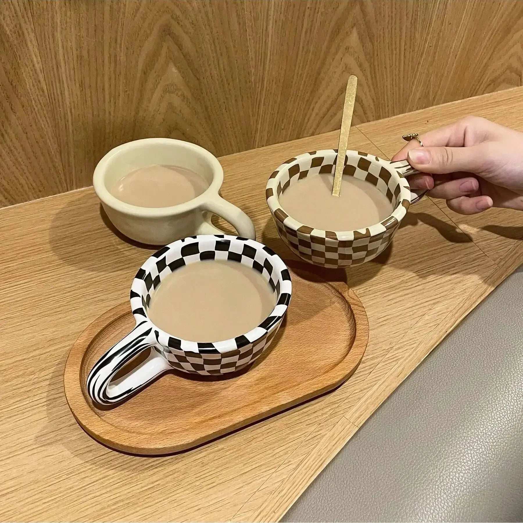 1pc Creative ceramic checkered pattern tea cup, irregular chessboard coffee cup