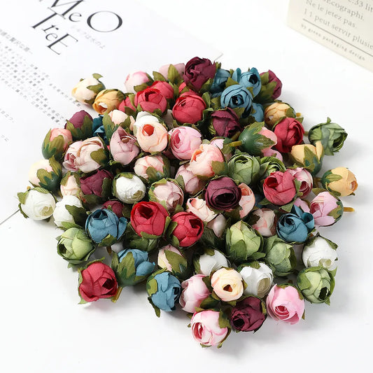 Rose Tea Buds Artificial Flowers Head Silk Fake Flower For Home Wedding Decor Christmas 2023 Party DIY Wreath Accessories