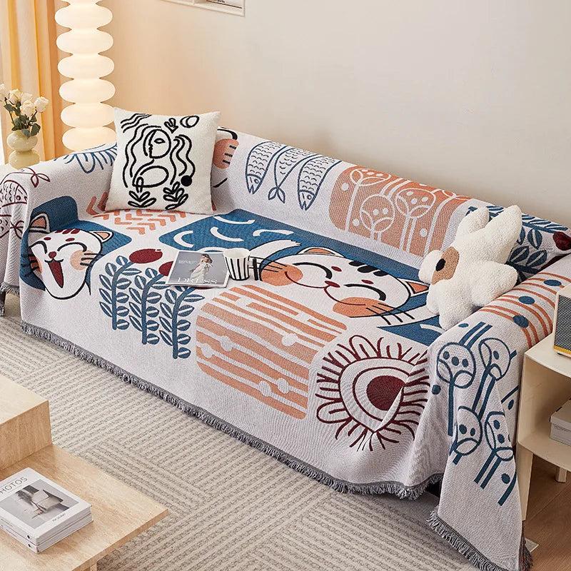 Kreskówkowa sofa okładka podwójnie użycie łóżek Blankiety rzucaj kocową matę piknikową z sofą z frędzlami uniwersalne dekoracyjne