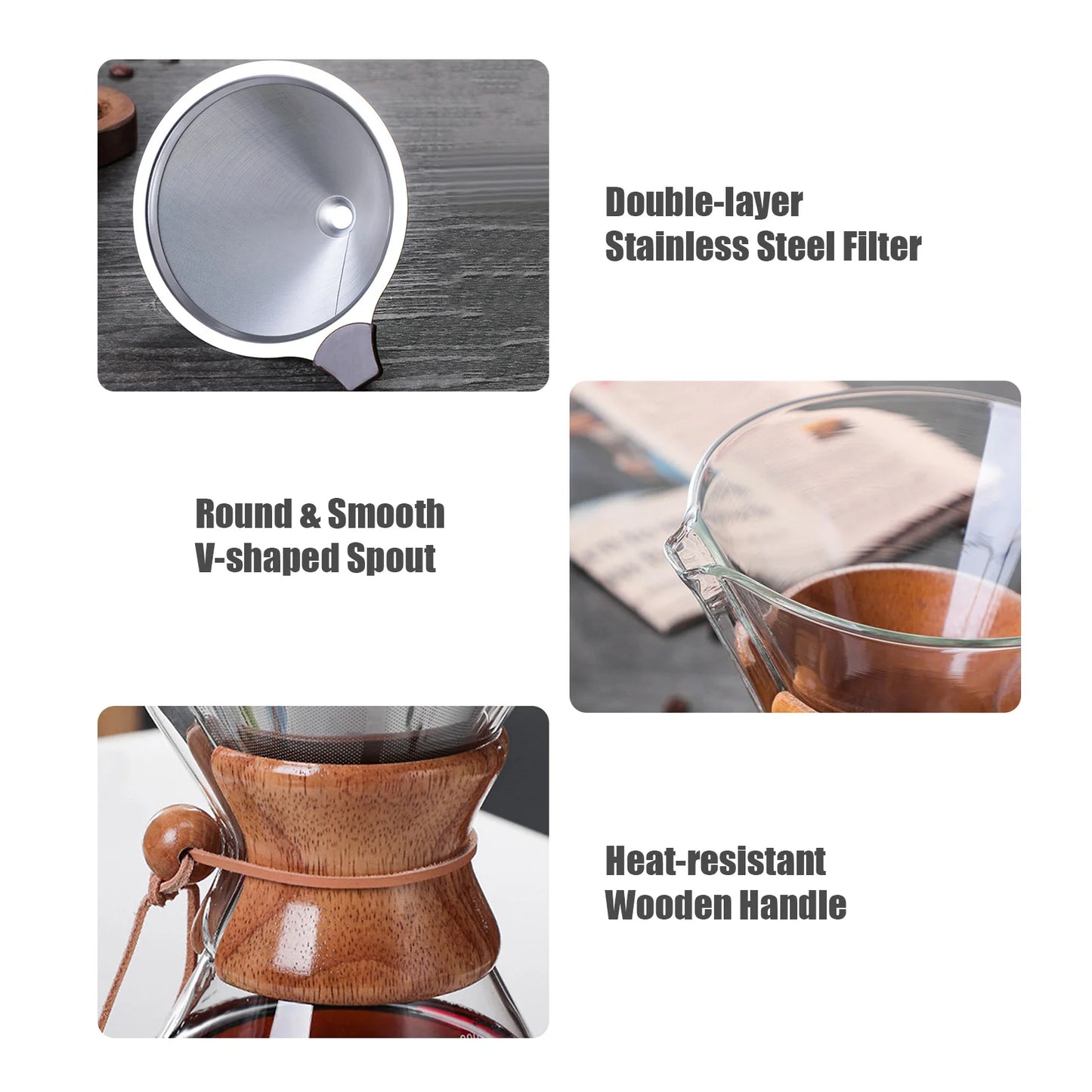 Pour Over Coffee Maker 14oz Paperless Glass Carafe with Stainless Steel Filter Manual Coffee Dripper Brewer with Wood Sleeve