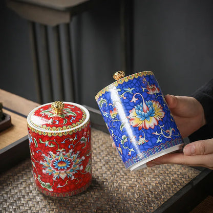 European Style Colored Flower Crown Ceramic Jar with Lid Cylindrical Sealed Tea Pot Porcelain Storage Jar Candle Bottle Decor