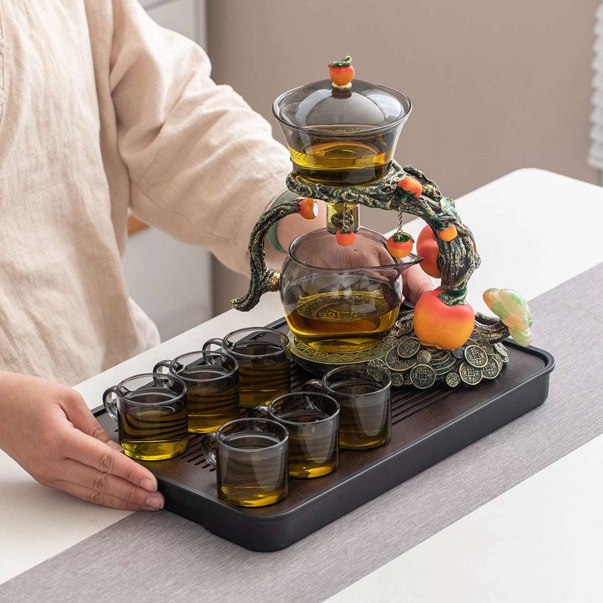 1 Set of Magnetic Lazy Tea Set - Automatic Persimmon Glass Teapot, Tea Cup, Tea Canister, Tea Tray Ideal gift for tea lovers