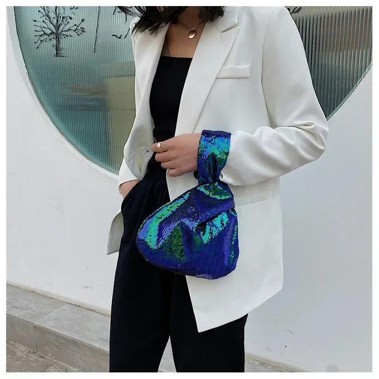 Damer Trendy Fashion Reversible Sequin Evening Clutch Purse Women Girls Small Glitter Wrist Knot Bag Designer Bags Luksus 2023