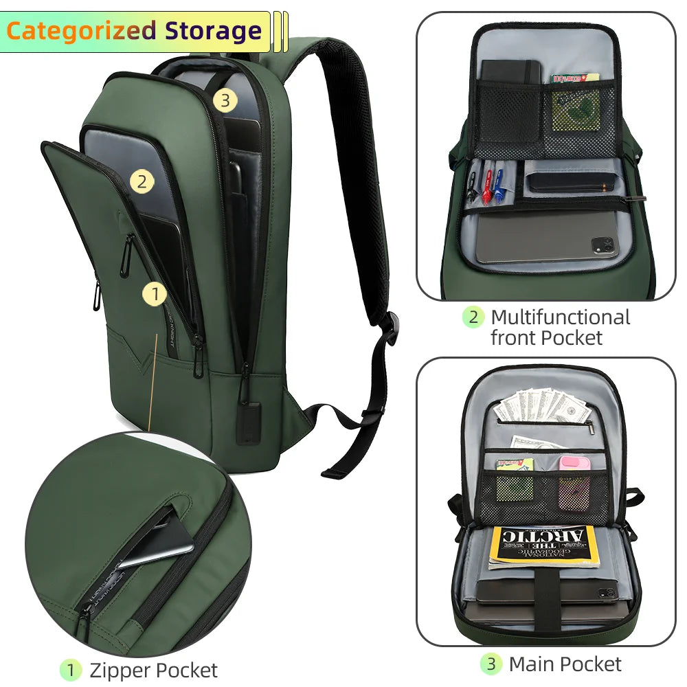 Heroic Knight سليم حقيبة ظهر للأعمال الرجال USB ميناء متعددة الوظائف حقيبة السفر مقاوم للماء 14 "15.6" حقيبة كمبيوتر محمول لكلية العمل