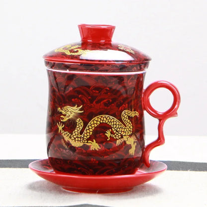 Chinese Dragon Pattern Tea-Mug with Strainer Infuser and Lid and Saucer Ceramic Tea Mug Convenient  Porcelain Personal Tea Cup