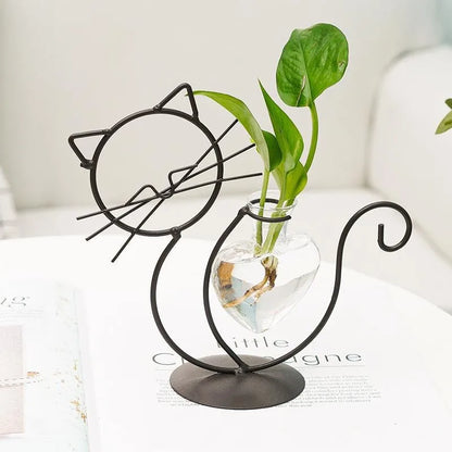 Simple Cat Iron Flower Machine Heart-Shaped Hydroponics Vase Creative Home Living Room Dining Table Decoration