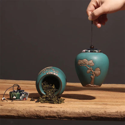 Japanese Creative Ceramic Hand-painted Embossed Tea Caddy Retro Handmade Storage Jar Coffee Beans Container Teaware Accessories