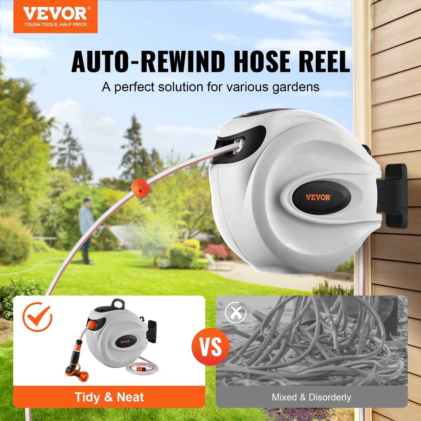 VEVOR Retractable Hose Reel1/2 inch 180° Swivel Bracket Wall-Mounted Garden Water Hose Reel with 9-Pattern Nozzle and 3 Fast