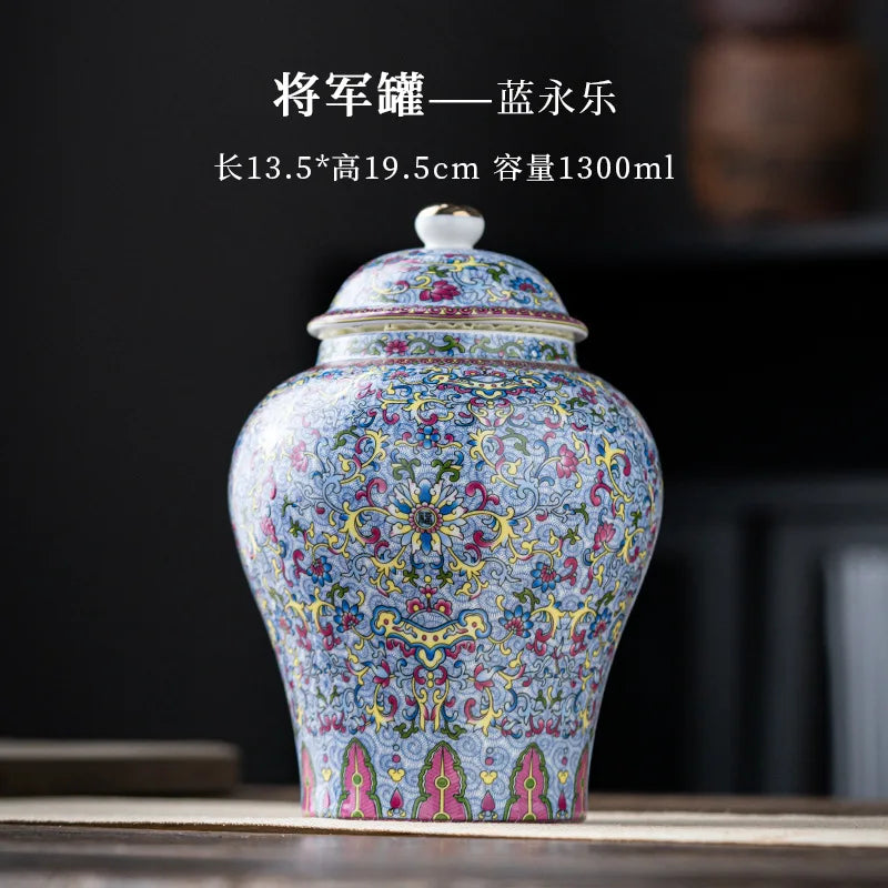 European Style Colored Ceramic Tea Caddy Large Sealed Candy Jar Tabletop Flower Vase Household Coffee Beans and Nuts Storage Box
