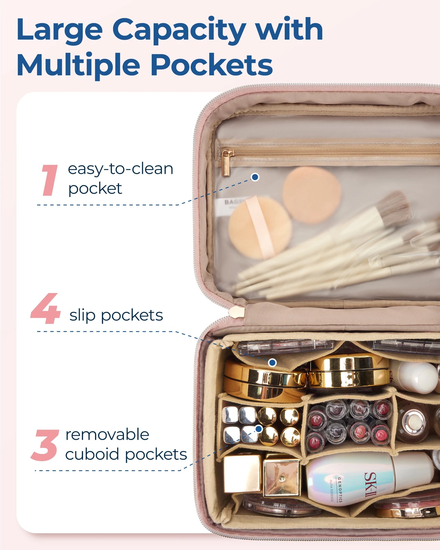 Bagsmart sammenfoldelig makeup taske opbevaringsboks med aftagelig indsats rejsekosmetisk taske Kvinders toiletartikler opbevaringsboks