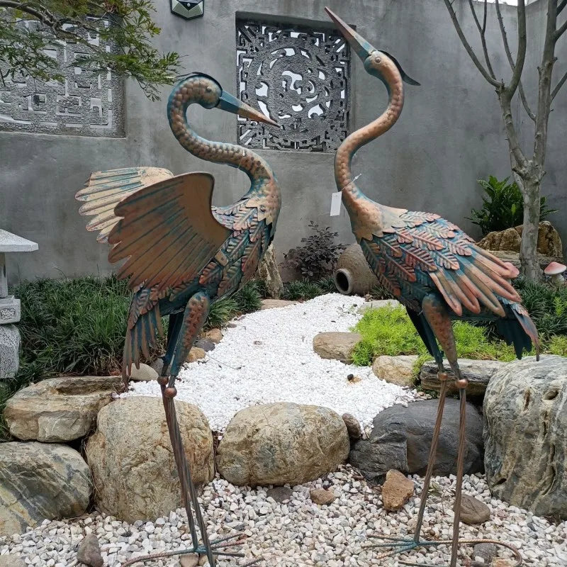 2 pc/pacchetto giardino statue di gru ornamenti patio prato stagno cortile decorazioni arte per uccelli arte all'aperto di ferro da stiro scultura 83/94 cm