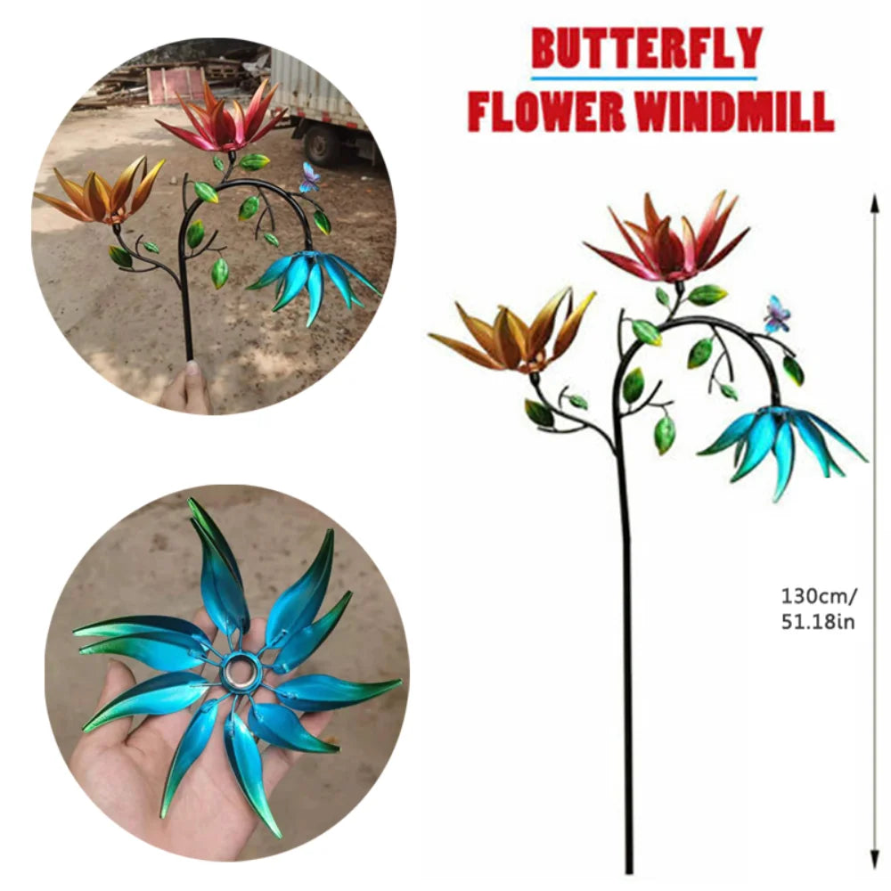 Gran metal giratoria de muelas de viento de floración de la mariposa giratoria con flores giratorias Decoración de arte de arte al aire libre de jardín al aire libre