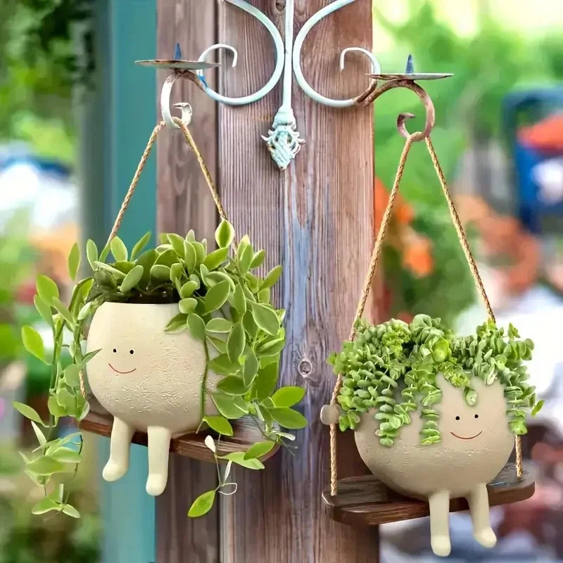 Cute light yellow swing small flower pot creative resin crafts living room study balcony home hanging unique decorative gift