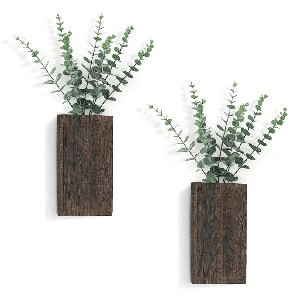 2 Pack Wood Wall Planter Vase with Artificial Eucalyptus Farmhouse Wall Hanging Planter for Dried Flowers in Living Room Bedroom