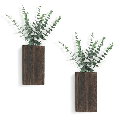 2 Pack Wood Wall Planter Vase with Artificial Eucalyptus Farmhouse Wall Hanging Planter for Dried Flowers in Living Room Bedroom